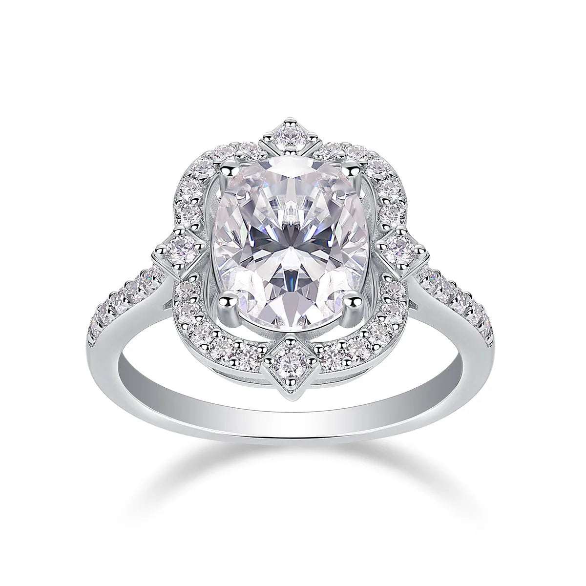 Camellia moissanite wedding ring with egg-shaped 8x10mm stone in S925 silver platinum-plated setting
