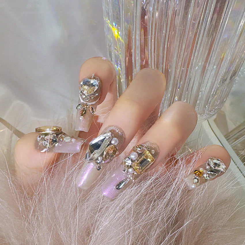 Rhinestone detailed false nail patches with S size in card packaging with adhesive or tool options