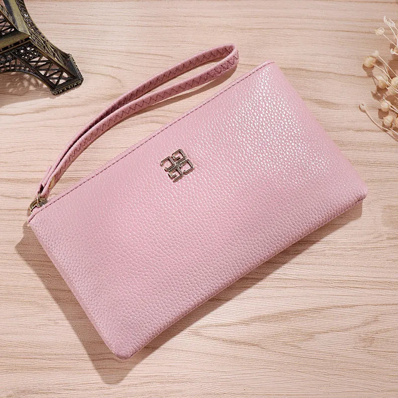 Long 55-inch PU leather phone wallet zipper handbag in solid colour with sewing line detailing