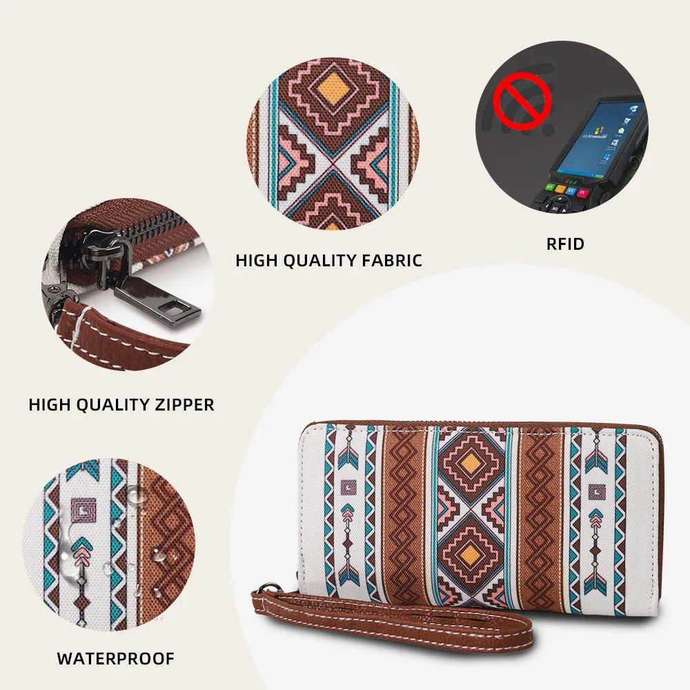 Bohemian striped canvas RFID wallet with anti-theft function measuring 20x10x2cm