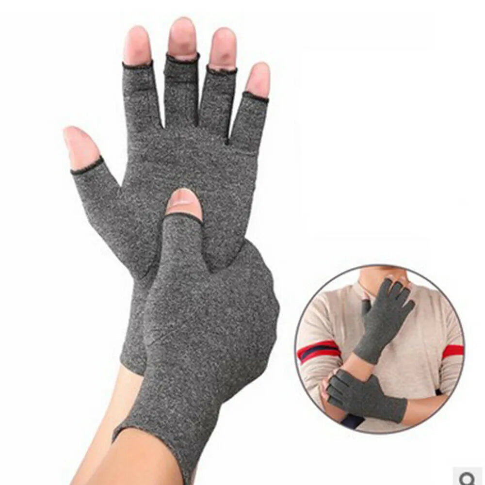 Grey half-finger joint compression gloves with anti-slip palm surface and breathable fabric