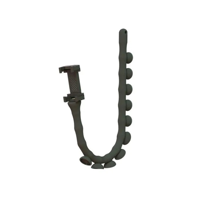 Black flexible worm arm phone holder with suction cup extended, showing 360-degree rotating bracket.