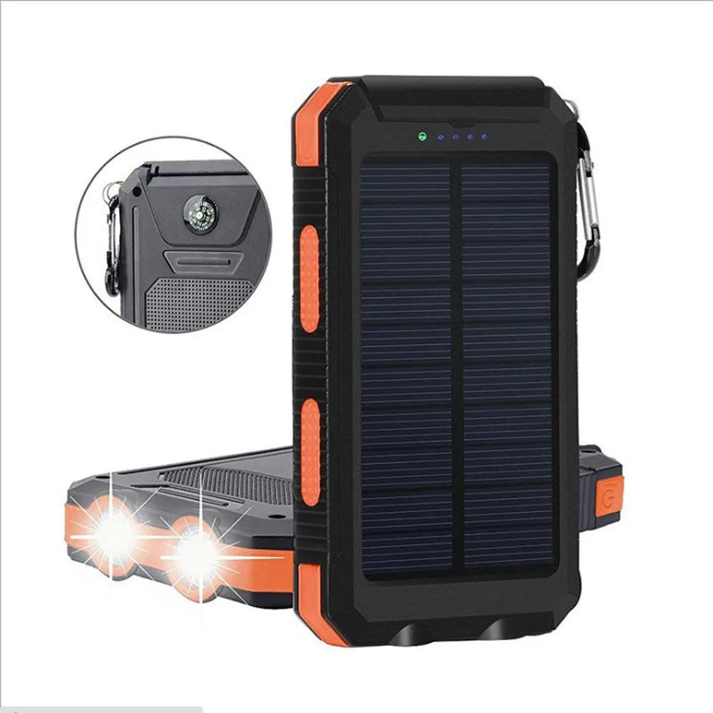 20000mAh solar power bank with compass and dual LED flashlights in black blue
