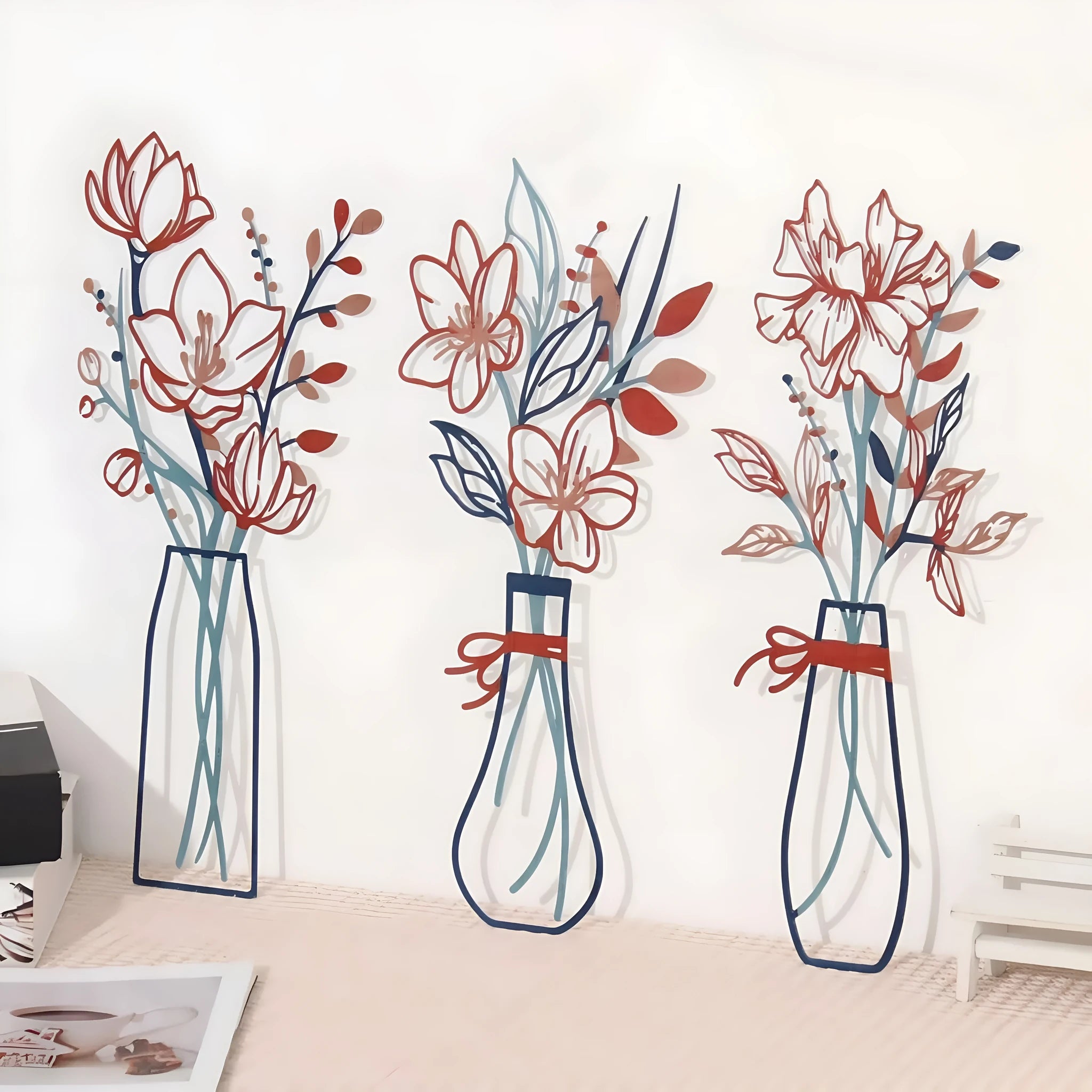Three-piece metal flowers wall art set with farmhouse vase designs in choice of four colour styles