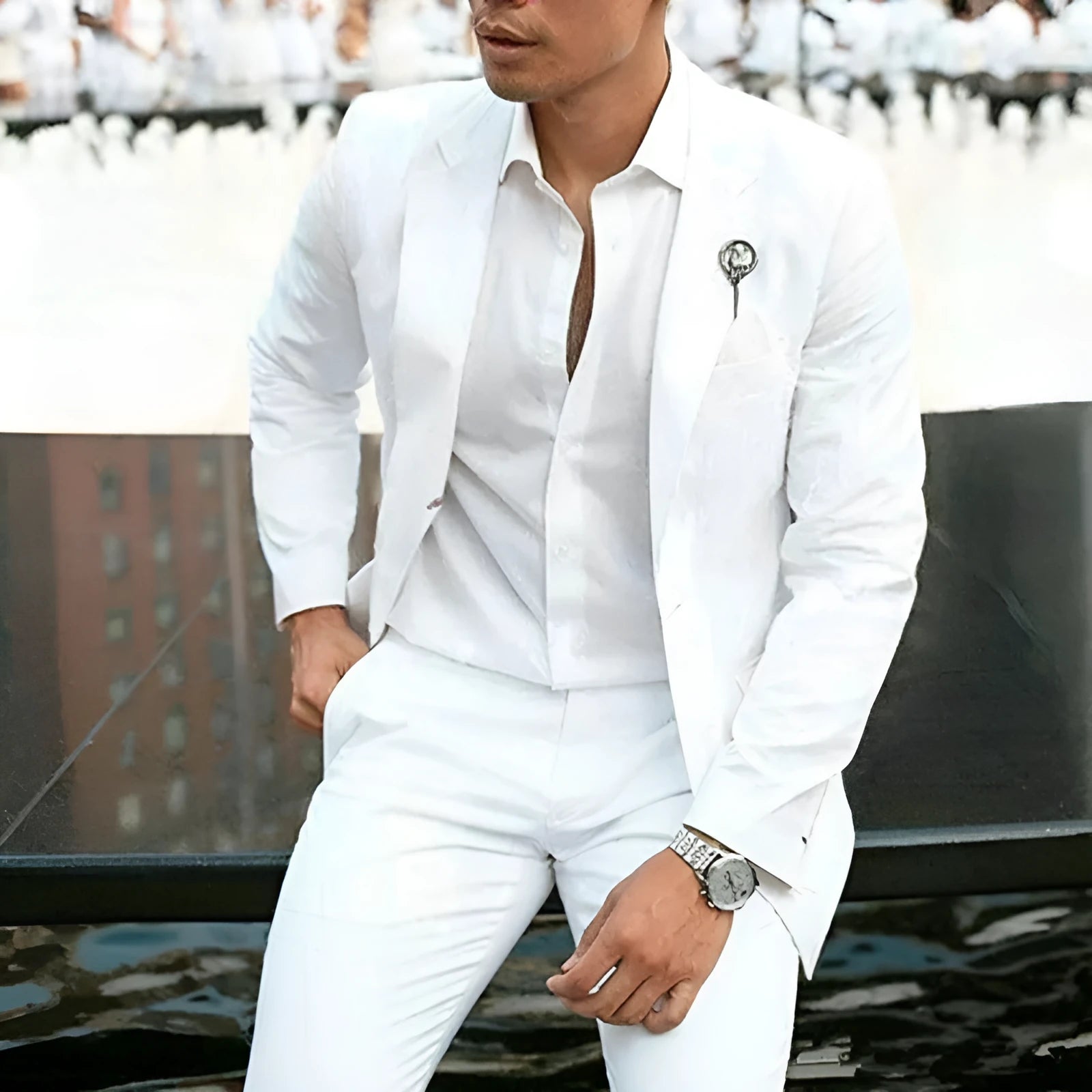White men's slim fit two-piece wedding suit with cotton acetate fabric