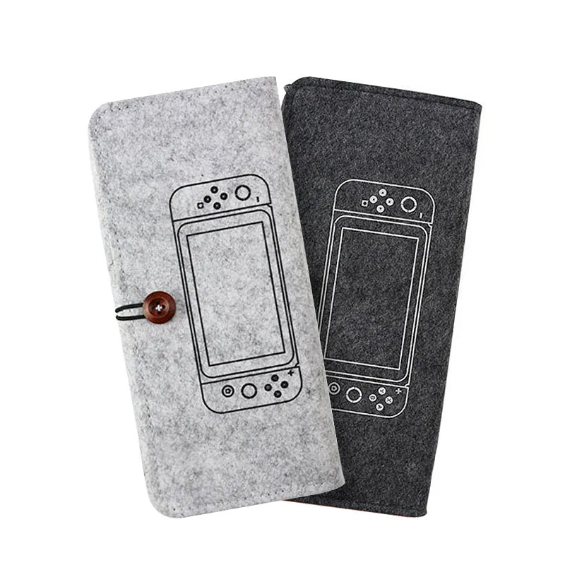 Black felt pouch for Nintendo Switch open to show console compartment and game card slots