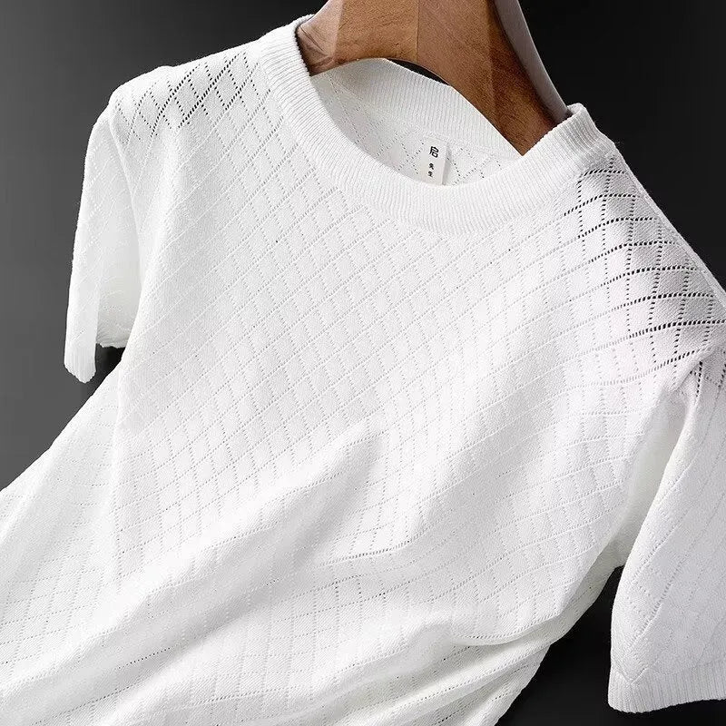 Men's Ice Silk V-neck T-shirt Korean style black and white options