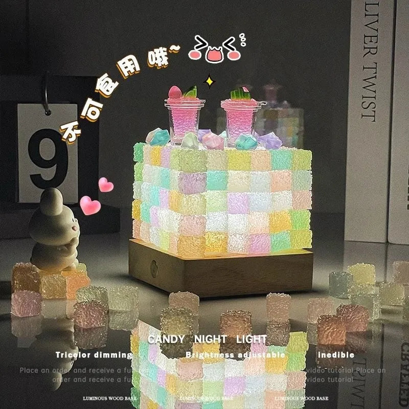 Crystal luminous cube sugar LED small night lamp with 8cm base and USB button