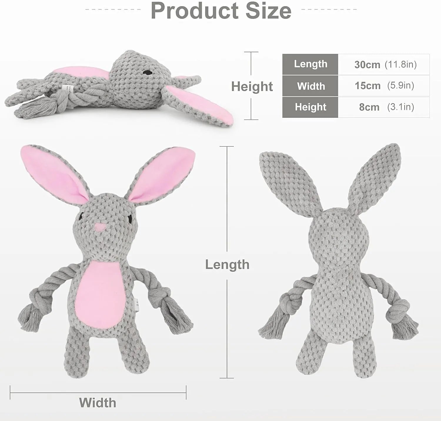 Plush dog squeaker toy with crinkle paper and cotton rope in animal shapes for small to medium dogs