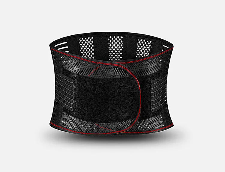 Black sports waist support belt with a visible steel plate insert for lumbar decompression during fitness activities.