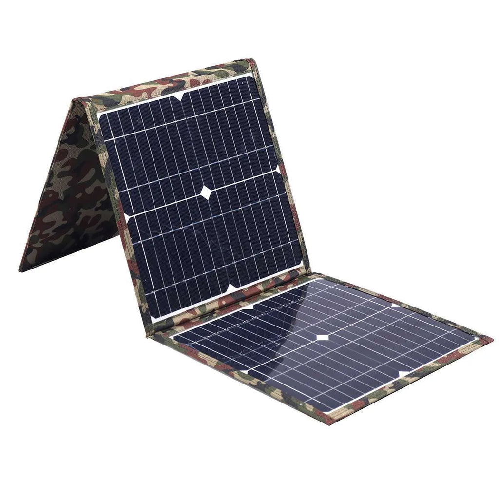 Black foldable 36W portable solar panel unfolded with included charging accessories