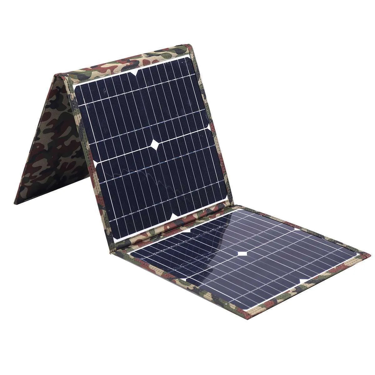 Black foldable 36W portable solar panel unfolded with included charging accessories