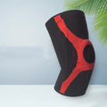 Grey and red silicone knit sports knee pads with non-slip kneecap protection.