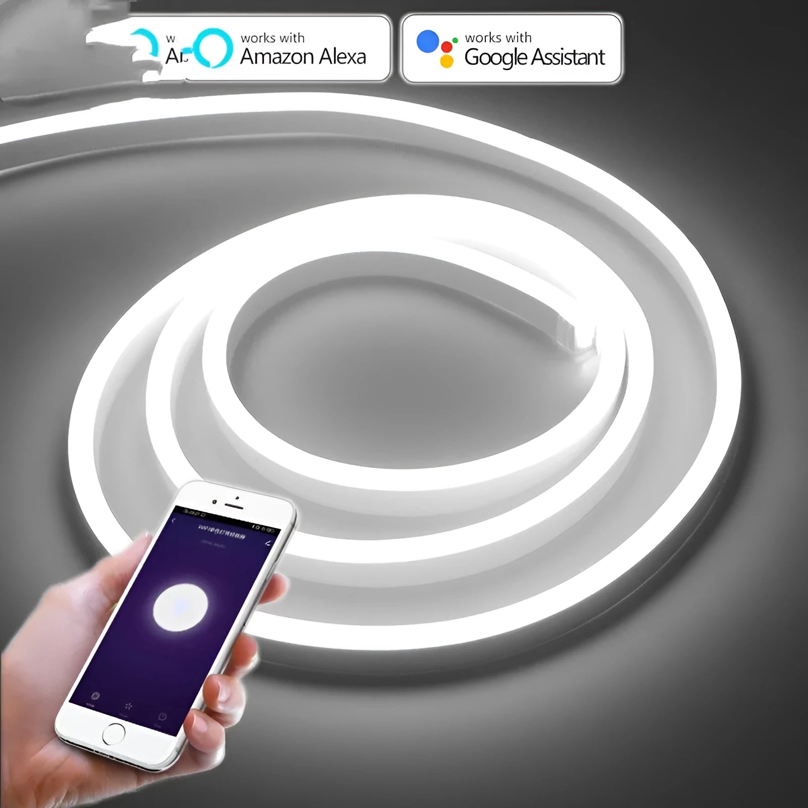 Smart LED neon light strip in blue with remote control and app interface, 10mm width, IP65 waterproof for home decoration