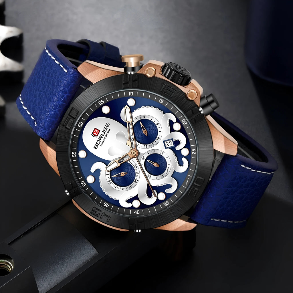 Octopus Men's Waterproof Luminous Quartz Watch Blue Ribbon Blue Surface Casual Style
