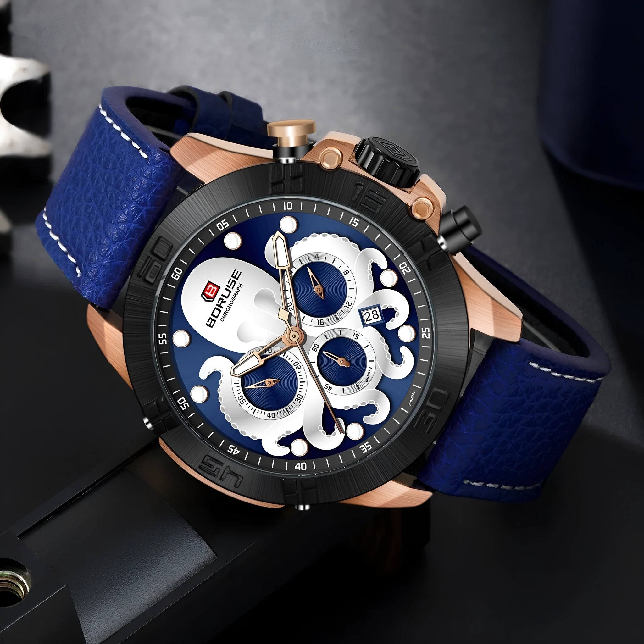 Octopus Men's Waterproof Luminous Quartz Watch Blue Ribbon Blue Surface Casual Style