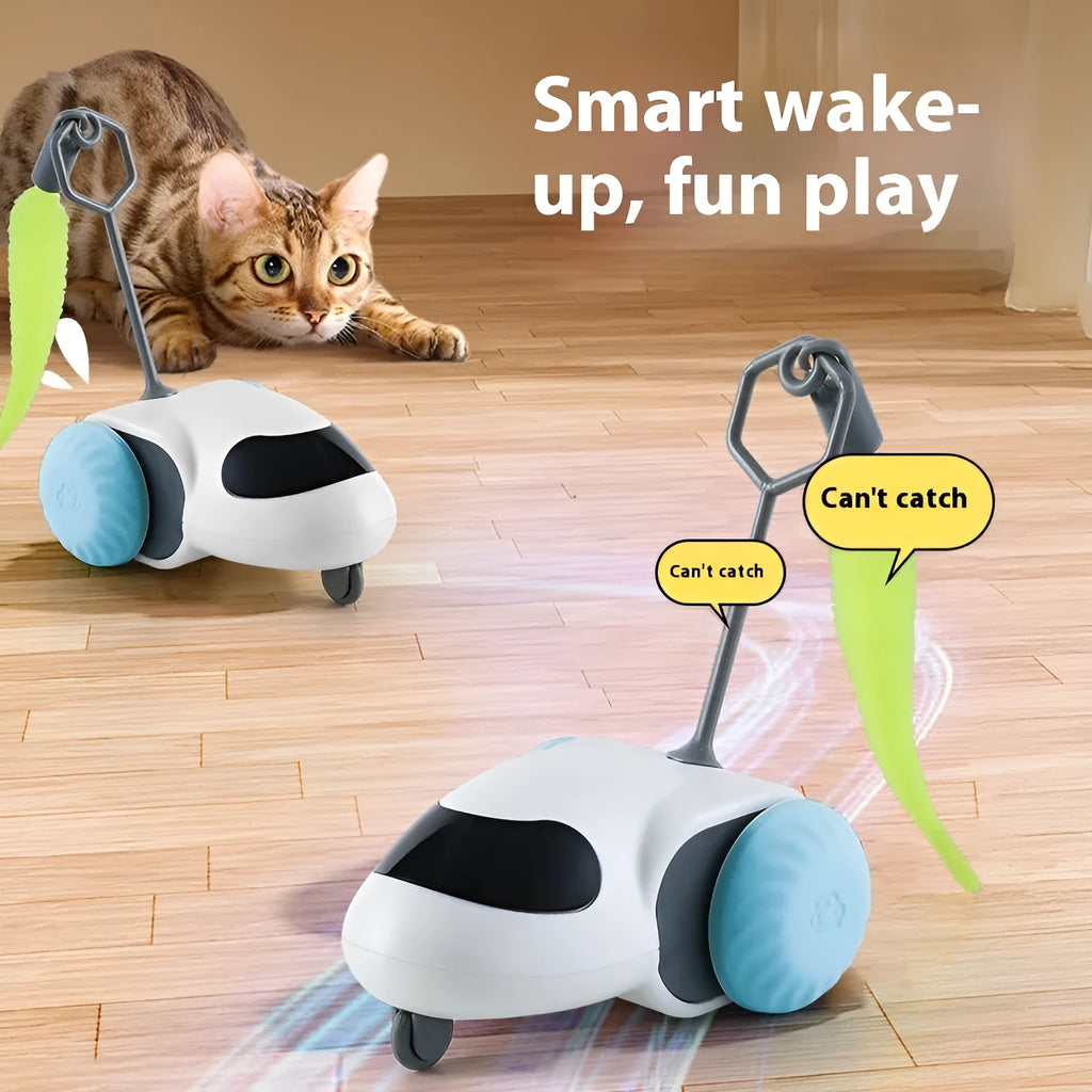 Electric cat toy in Light Gray Blue on a wooden floor, ABS construction, Type-C charging port visible