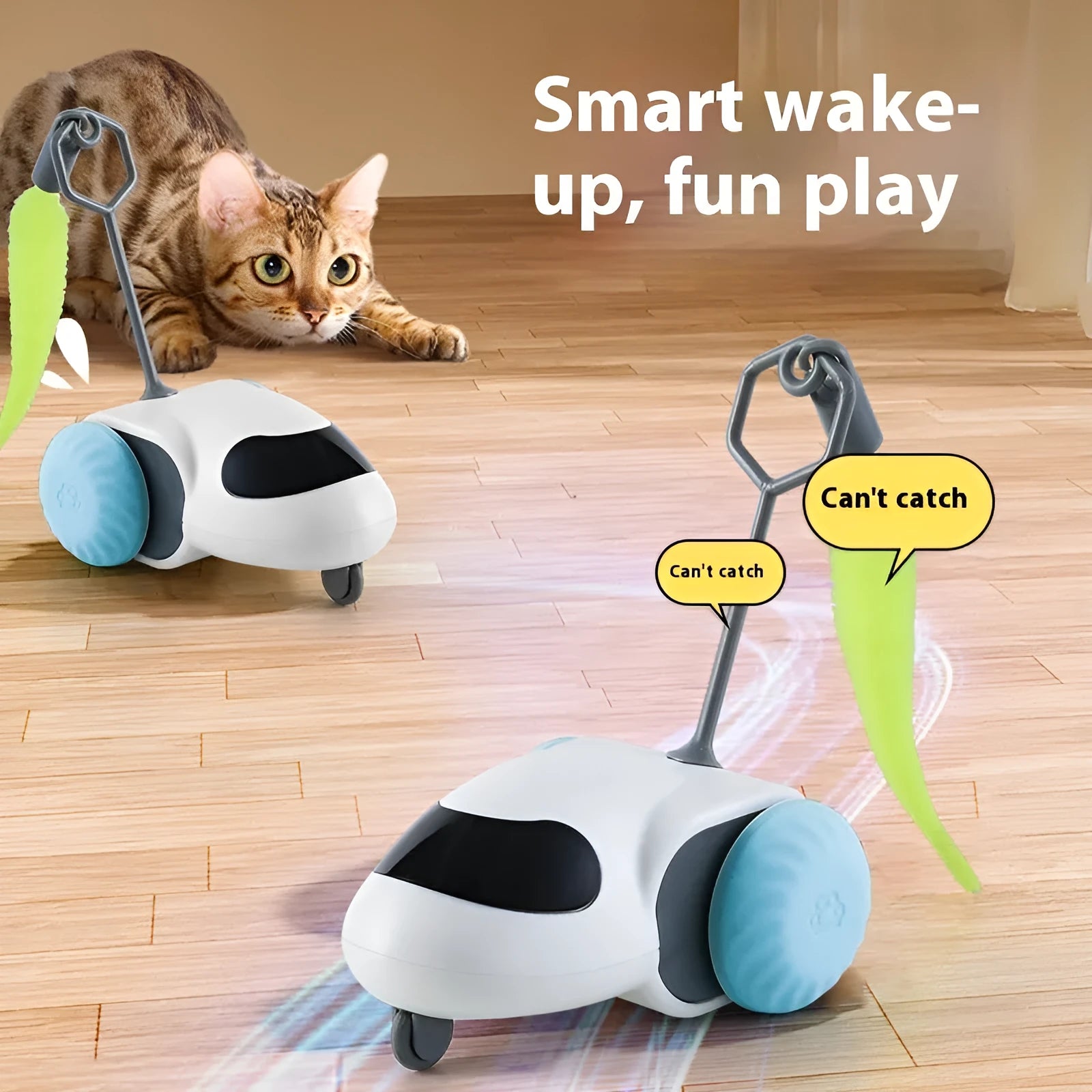 Electric cat toy in Light Gray Blue on a wooden floor, ABS construction, Type-C charging port visible