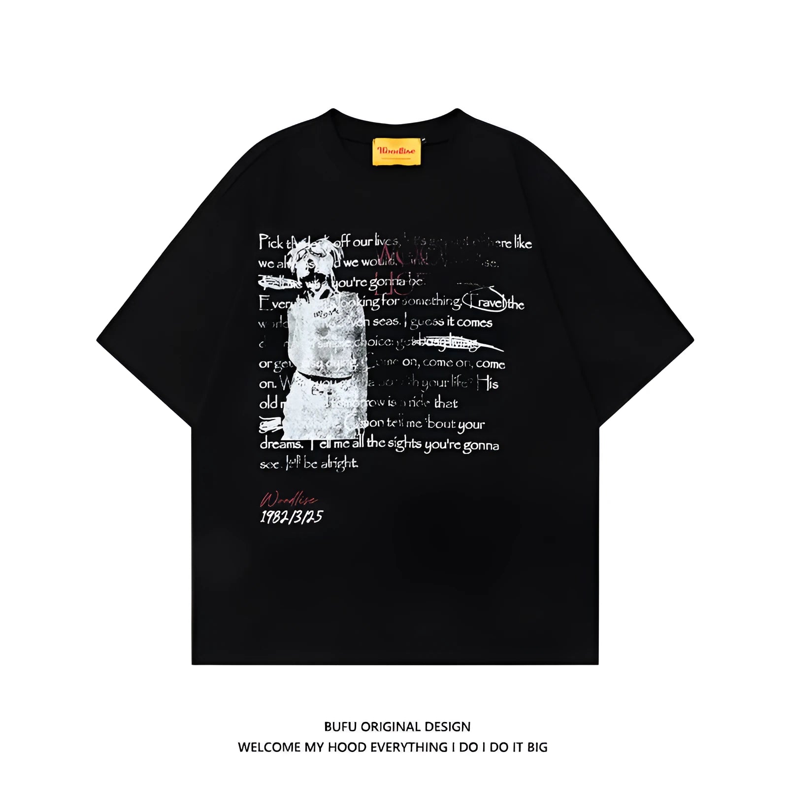 Men's black retro hip hop style T-shirt with white letter printing and raglan sleeves