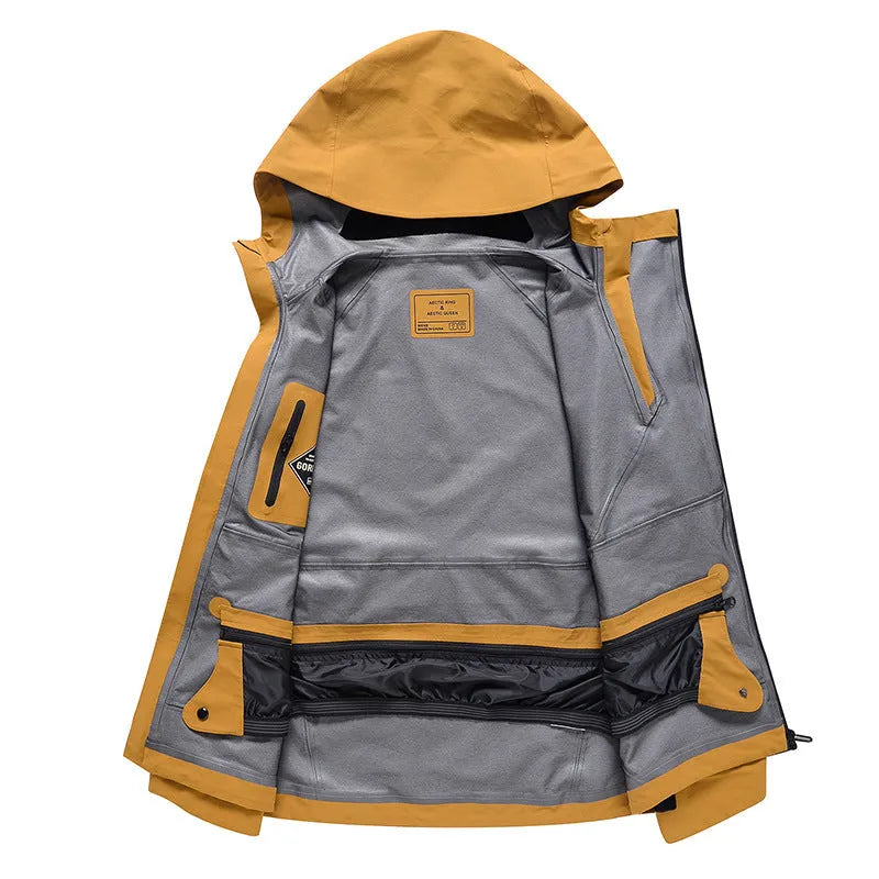 Yellow and black unisex ski suit with windproof waterproof double plate construction for snow sports