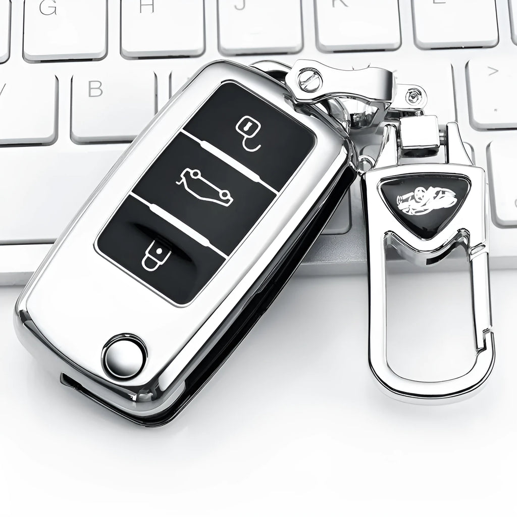 VW Model A folding car key case in TPU material with buckle closure in silver, blue, pink, and red colours