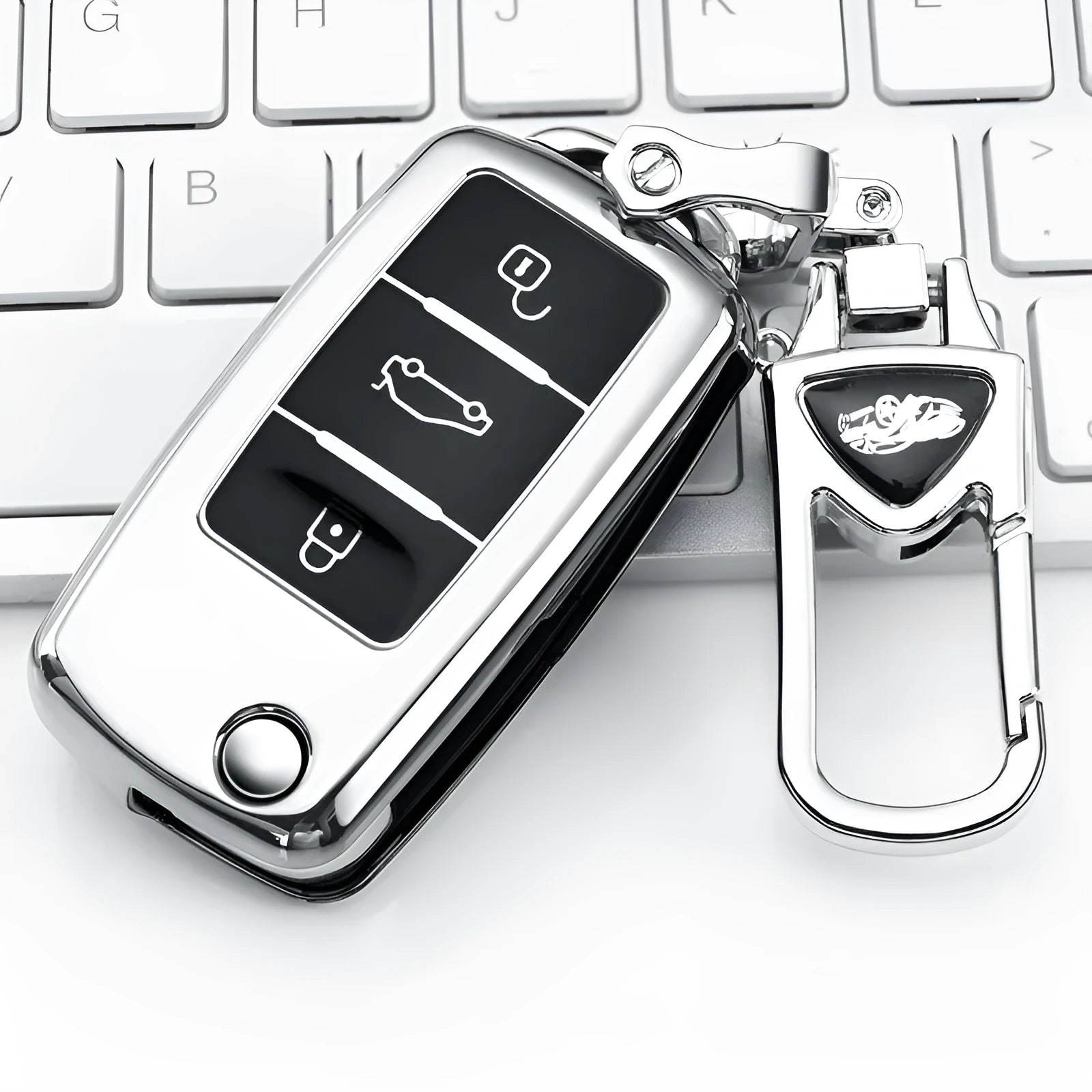 VW Model A folding car key case in TPU material with buckle closure in silver, blue, pink, and red colours