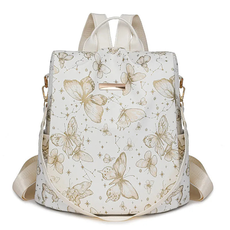 Butterfly printed PU shoulder backpack in black with sewing line details and 20L capacity