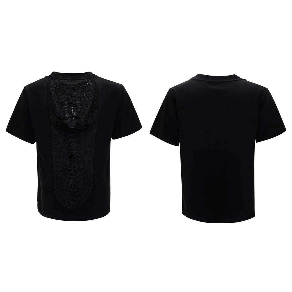 Men's black loose fit t-shirt with hollow out V-neck and short sleeves