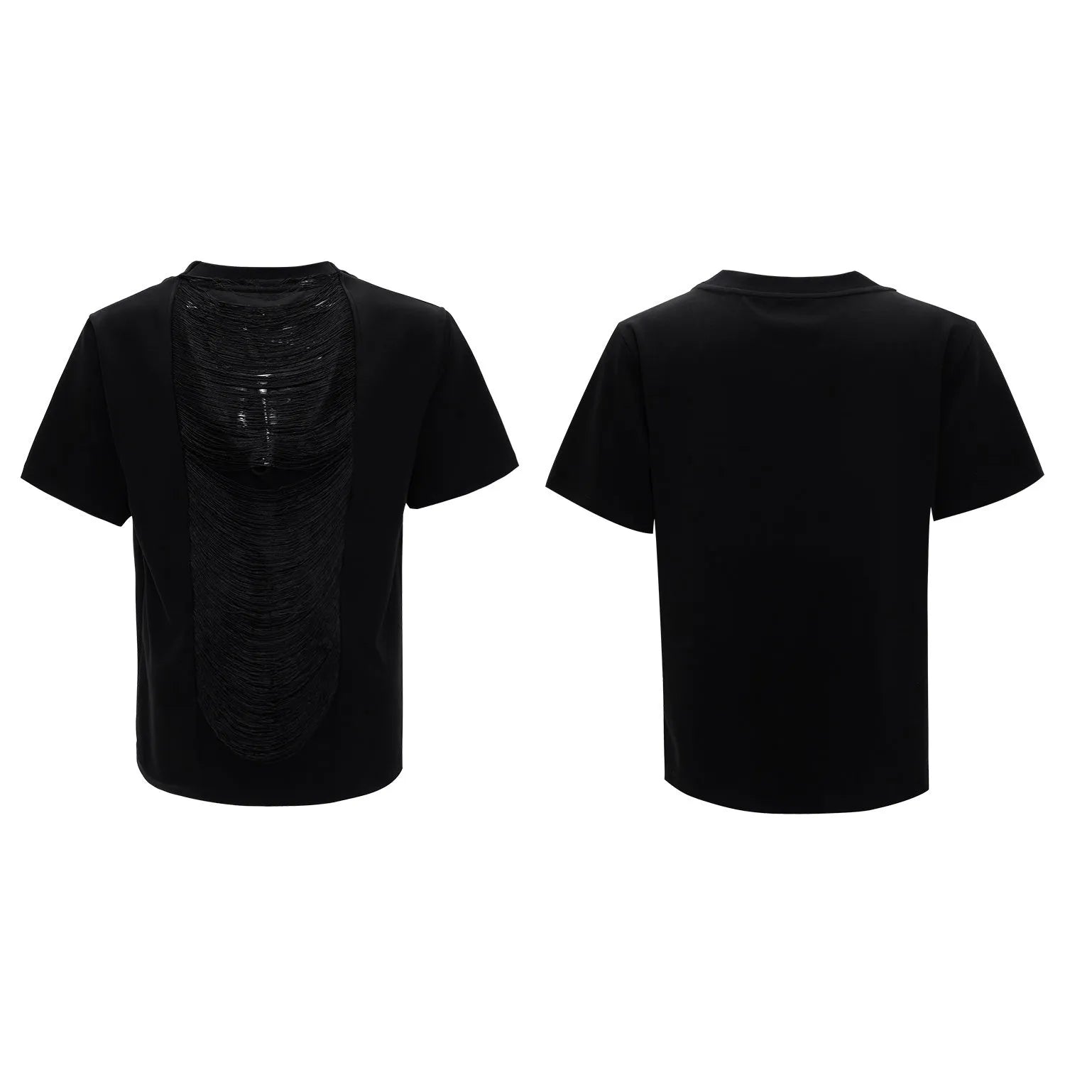 Men's black loose fit t-shirt with hollow out V-neck and short sleeves