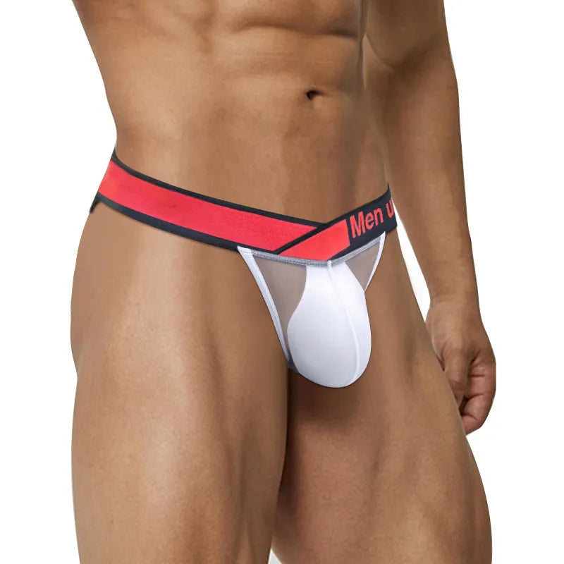 Men's ice silk nylon underwear briefs in a V-cut high leg design on a low waist, shown in red colour.