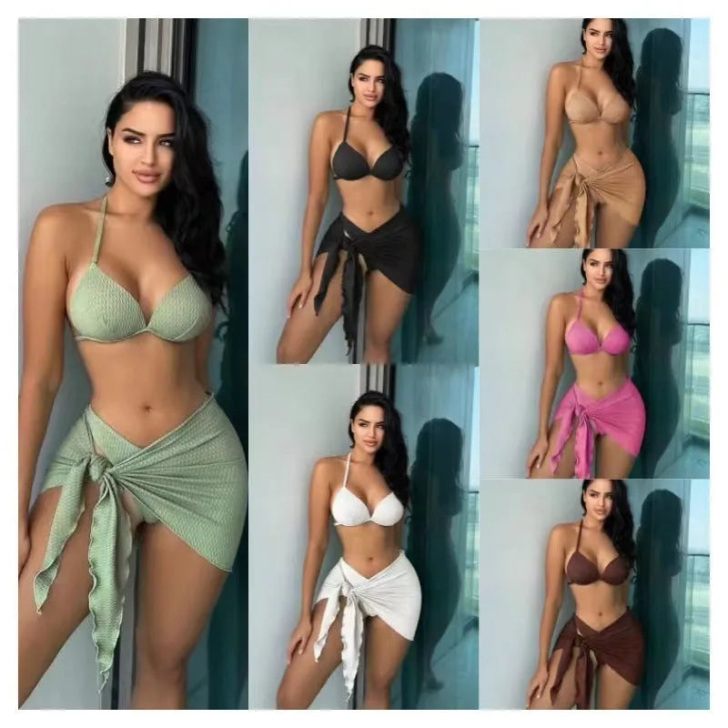 Women's black three-piece swimsuit set with bikini top, panties, and a Russian split skirt laid flat.