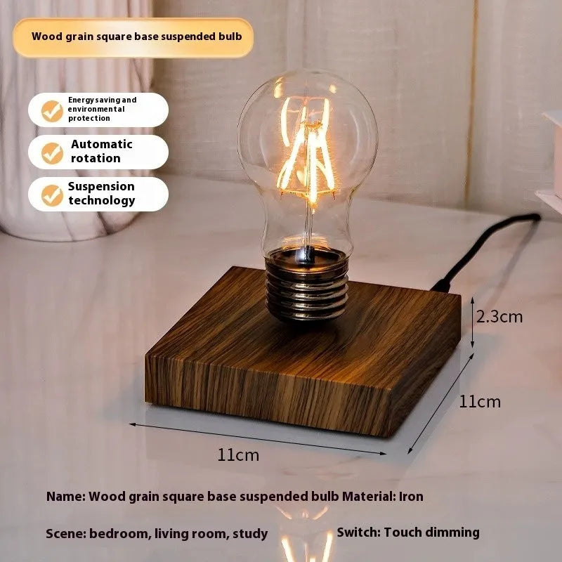 Creative suspension bulb night lamp with iron art construction on black wood grain base