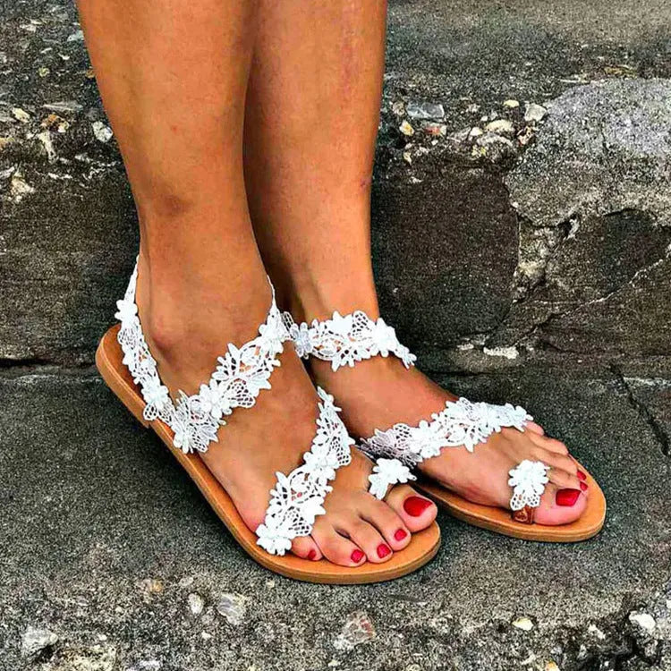 White women's plus size flat shoes with rhinestone floral decoration and round toe