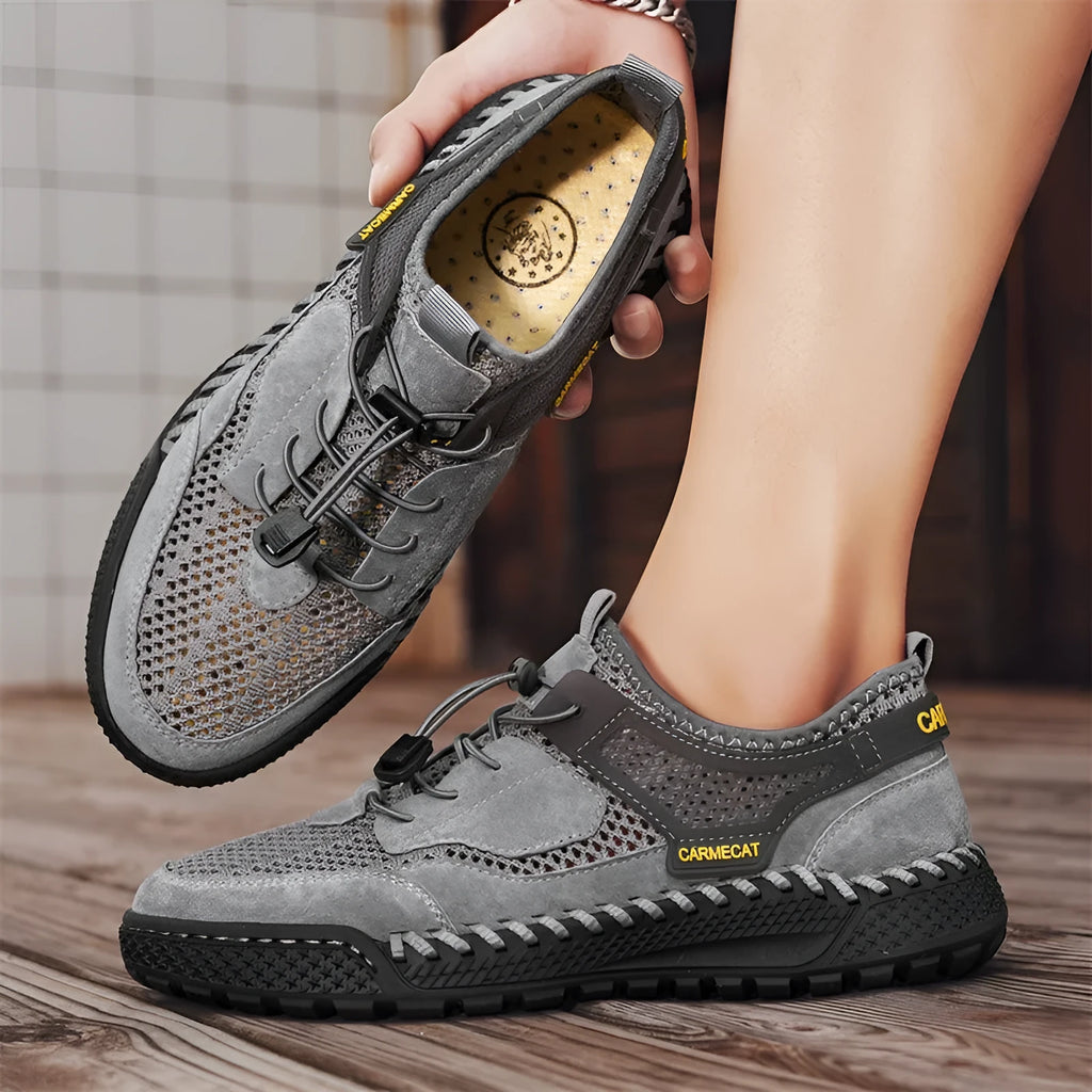 Men's suede low top walking shoes with hand-stitched rubber sole and elastic band in brown color