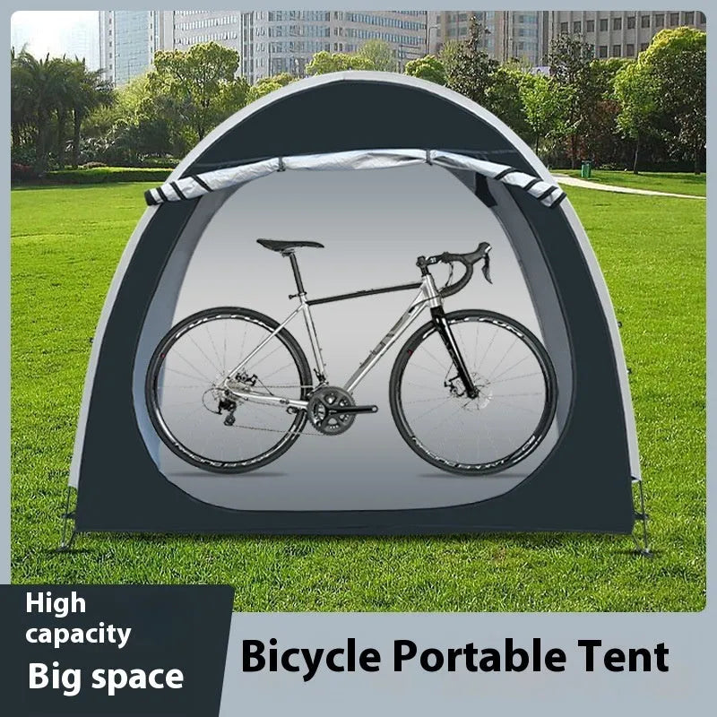 Black outdoor bicycle storage tent for 2-3 bikes with ground nails and brackets, size 185x65x165cm