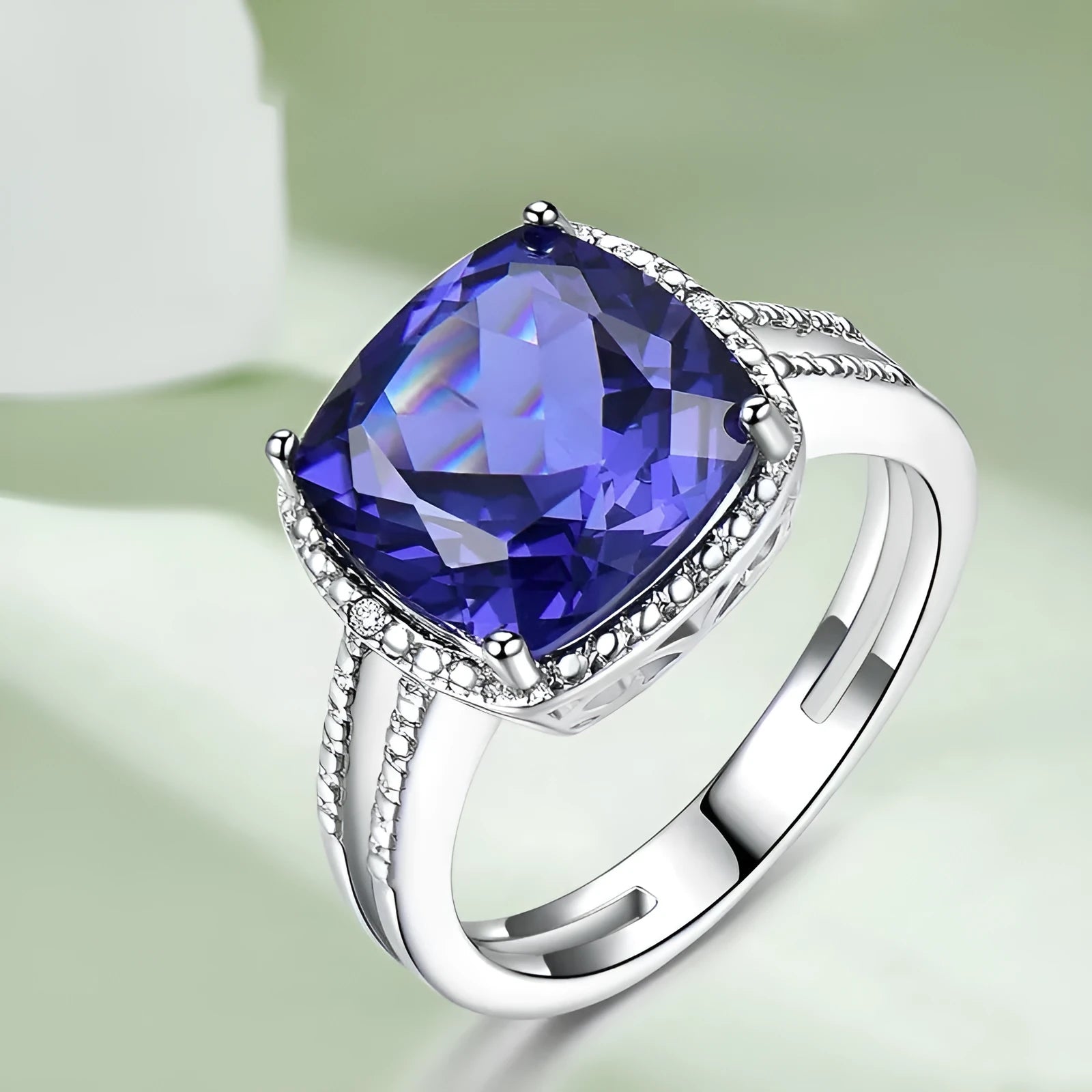 925 Sterling Silver women's ring with blue Tanzanite gemstone on a silver band