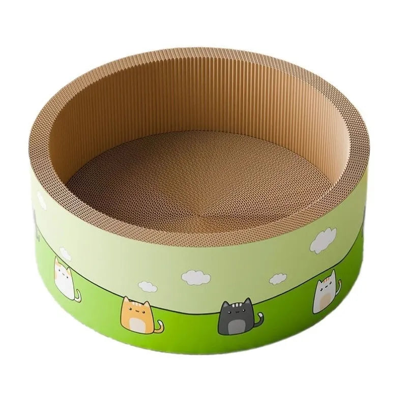 Large round cat scratch board with deepening pit design made from corrugated paper