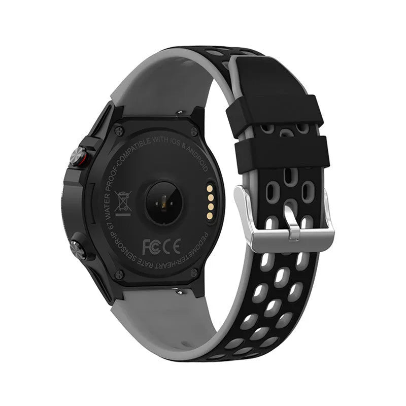 Blue silicone strap sports smart watch with 1.3 inch touch screen displaying activity metrics.