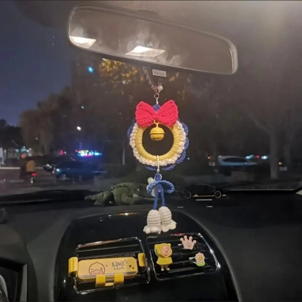 Handmade plush yarn car hanging pendant in Snow White colour with red wind chime option