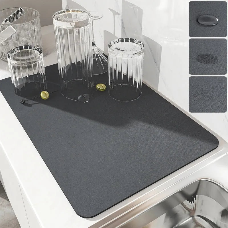 Super absorbent dish drying mat with PU leather surface and non-slip rubber backing, 30x40cm size in black