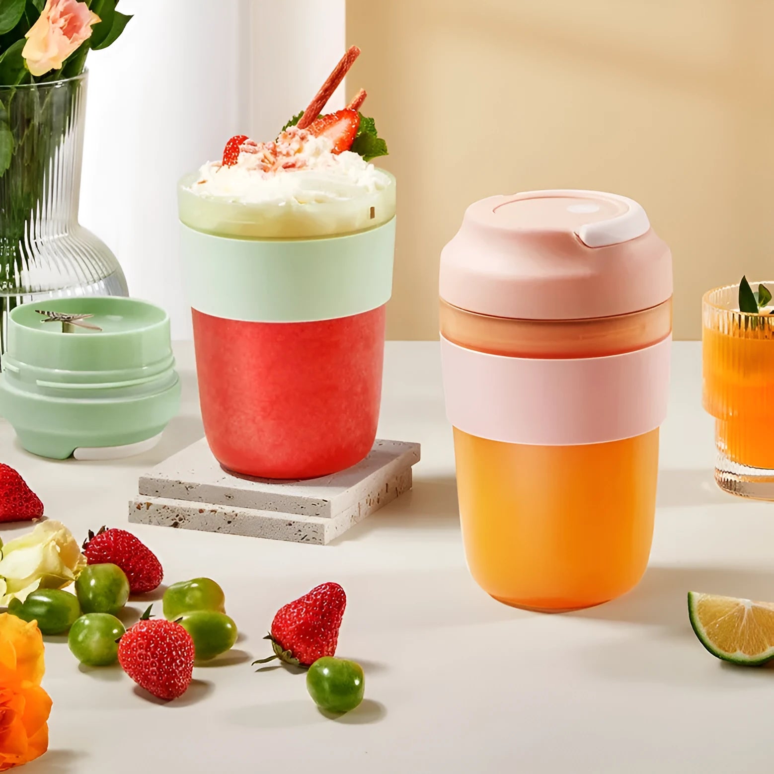 Portable rechargeable blender juicer cup 400ml with four stainless steel blades in avocado green