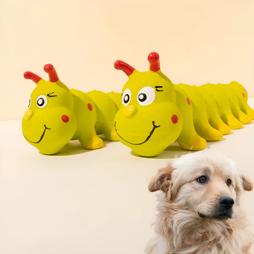 Yellow rubber caterpillar squeaky dog toy measuring 25.5x9cm for small and medium dogs