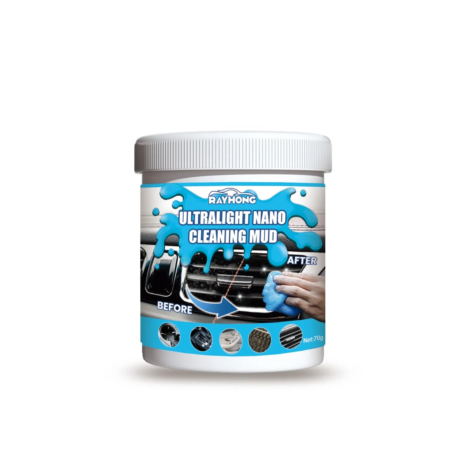 Car cleaning soft gel in compact round pot, 70g, for interior gap and remote control dust removal