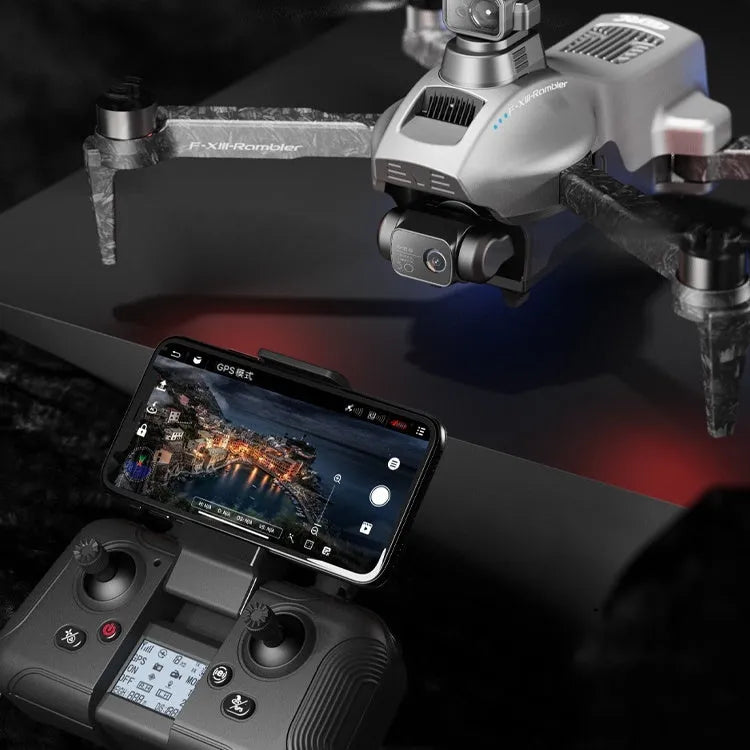 White folding quadcopter drone with 4K camera and obstacle avoidance sensors, shown with remote control and shoulder bag.