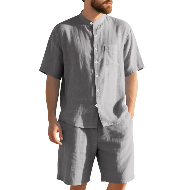 Men's light blue linen blend summer suit with short sleeve shirt jacket and matching shorts