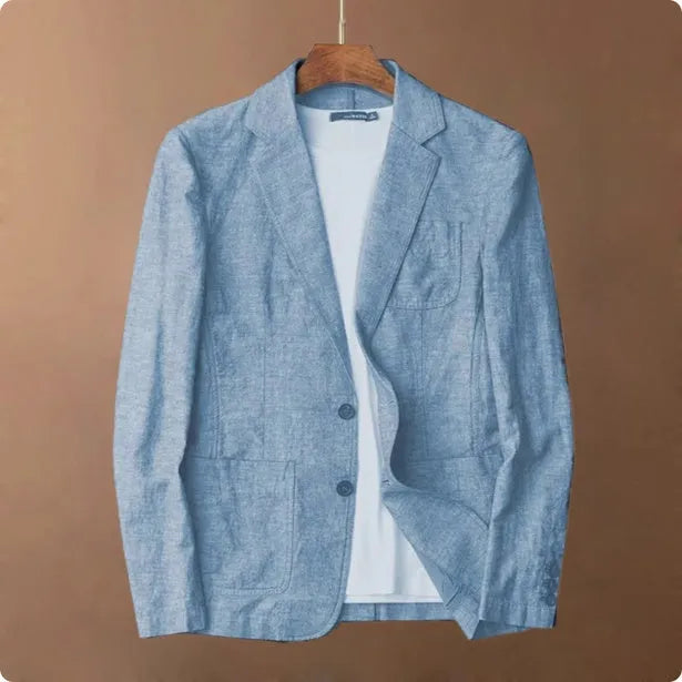 Men's linen suit thin coat in solid colour with side stick pockets, shown on a model, available in sizes S to 3XL.