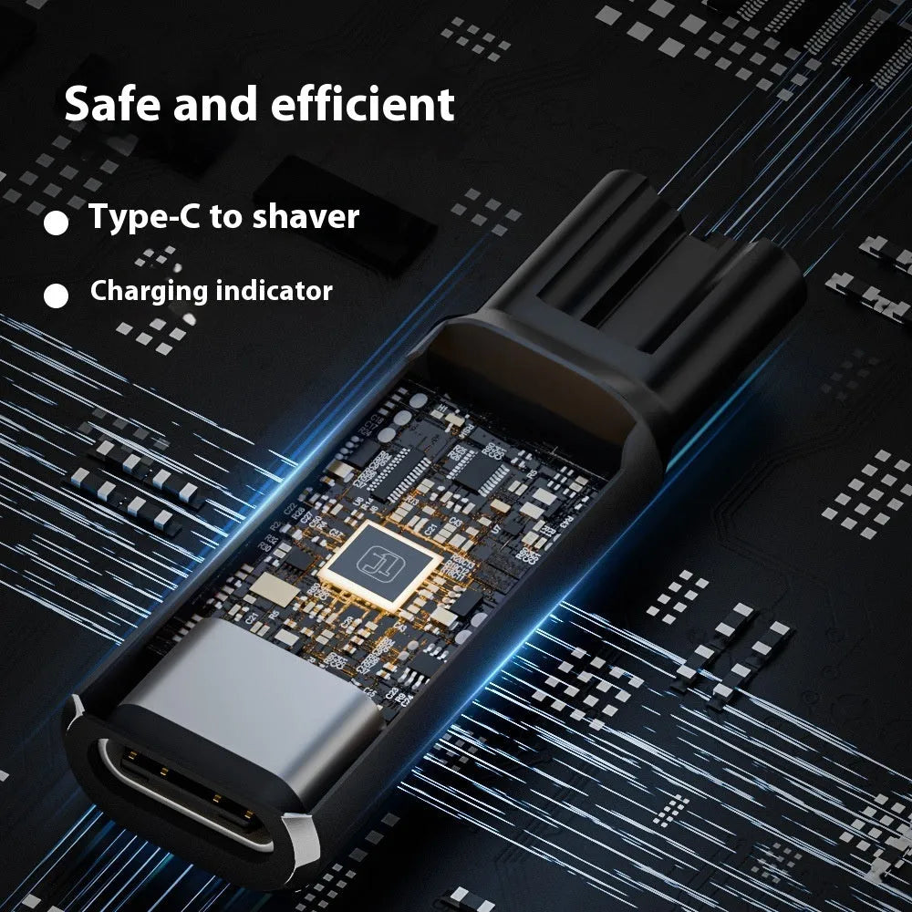 Black USB-C charging adapter for 4.3V electric shavers and hair clippers with aluminium alloy housing