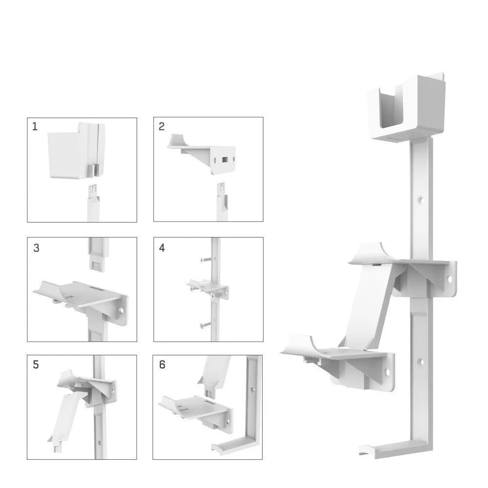 White ABS plastic wall-mounted hook holding a PS5 controller and gaming headset.