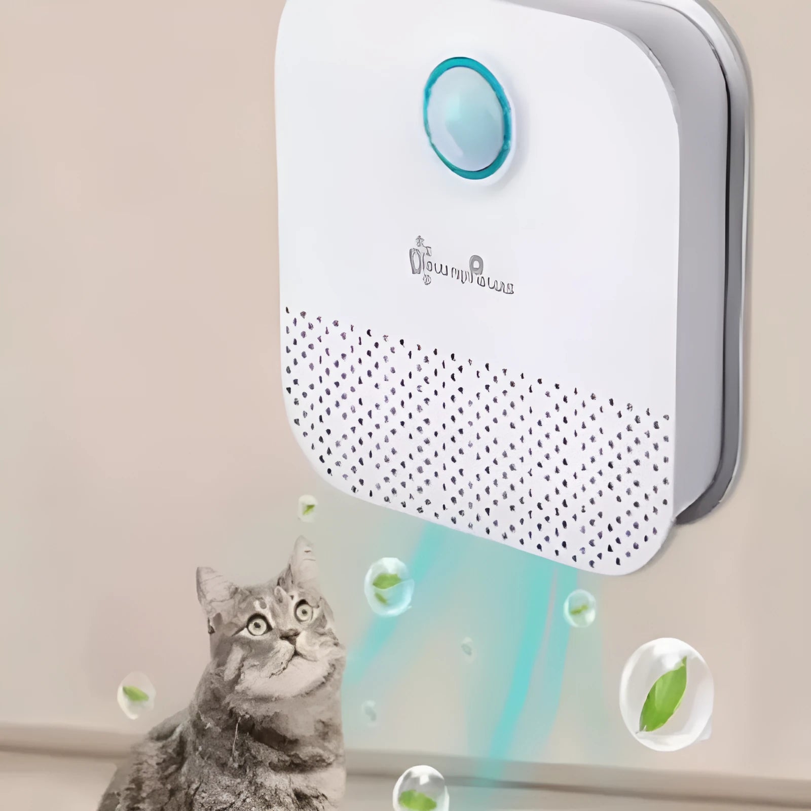 White DownyPaws 4000mAh smart cat litter deodoriser unit, compact cube design measuring 9.2cm.