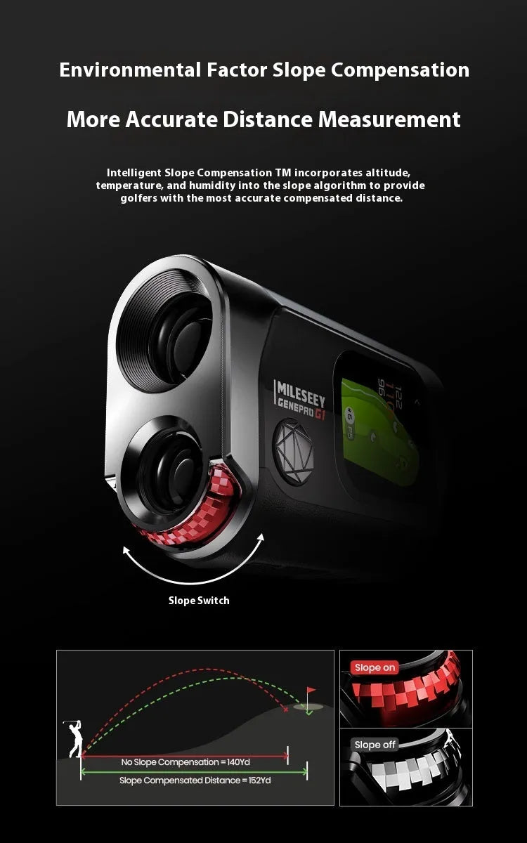 GenePro G1 black golf GPS rangefinder with AMOLED touchscreen showing distance measurement display